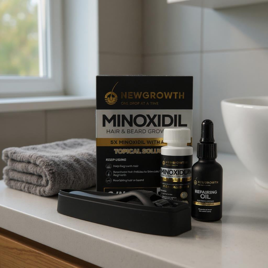 NewGrowth Transformation Kit – 5% Minoxidil + Dermaroller + Argan & Jojoba Oil